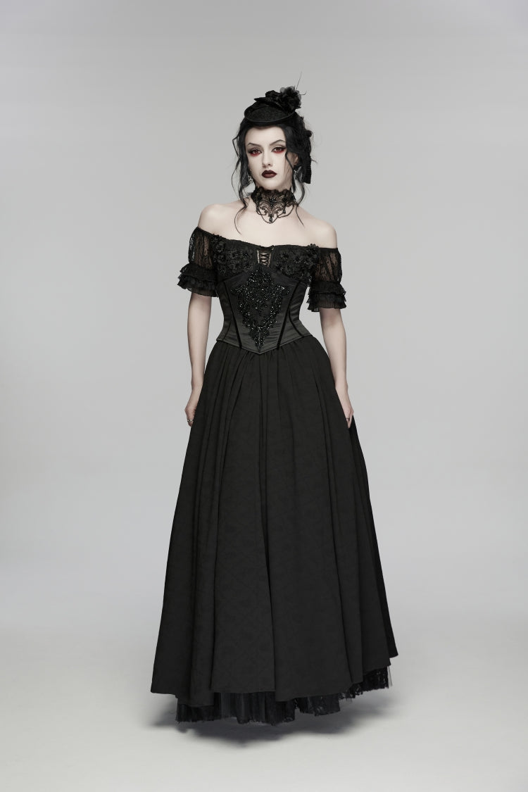 Black Off Shoulder Short Puff Sleeves Ruffled Hanayome Embroidered Lace Women's Gothic Elegant Gorgeous Dress - Product - 1