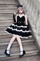 Black Triple-Layered Ruffle Embroidery Bowknot Gothic Lolita Jsk Dress - Product - 4