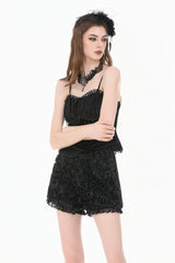 Black 3D Floral Jacquard Lace-Trimmed Women's Gothic Mini Shorts - Product - 4