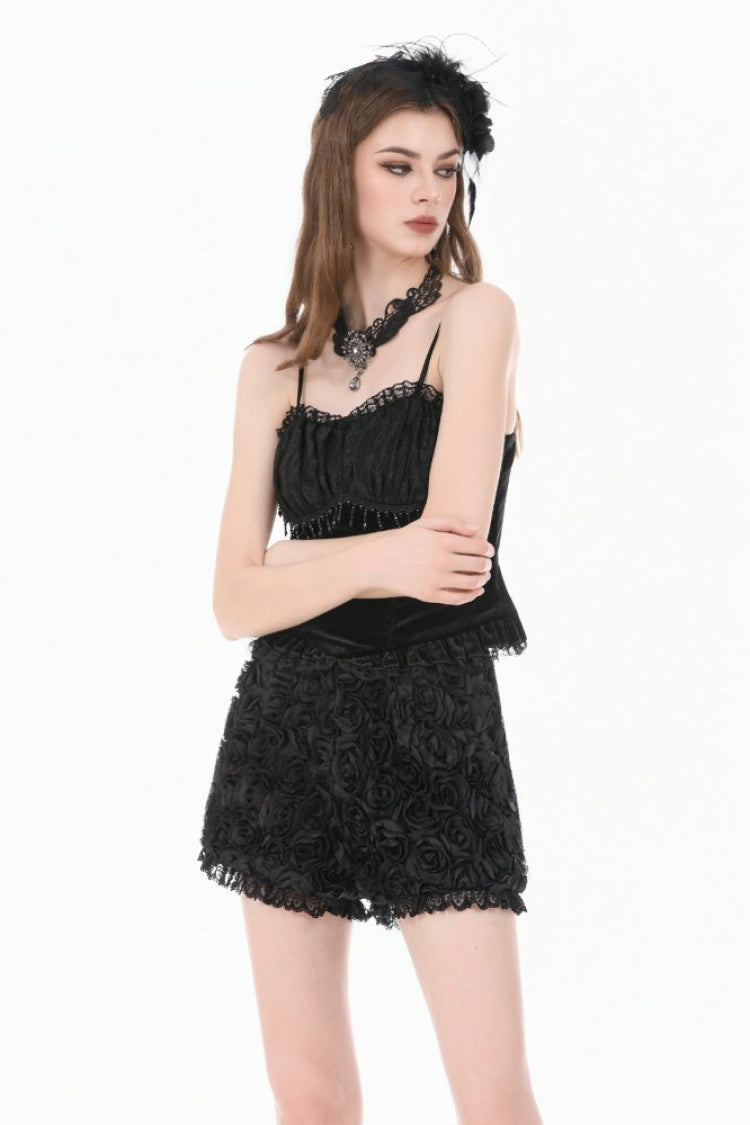 Black 3D Floral Jacquard Lace-Trimmed Women's Gothic Mini Shorts - Product - 4