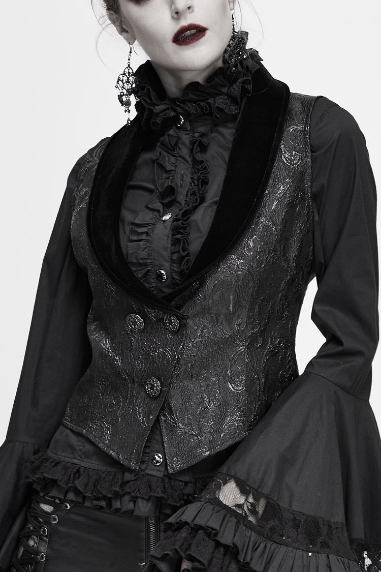 Black Velvet 3D Jacquard Low Collar Women's Gothic Waistcoat - Black - 1