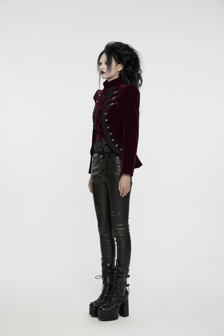 Red Stand Collar Long Sleeves Women's Gothic Swallowtail Coat - Product - 2