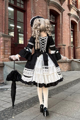 Black Square Collar Long Trumpet Sleeves Bow Lace Lace-Up Gothic Lolita Dress - Product - 4