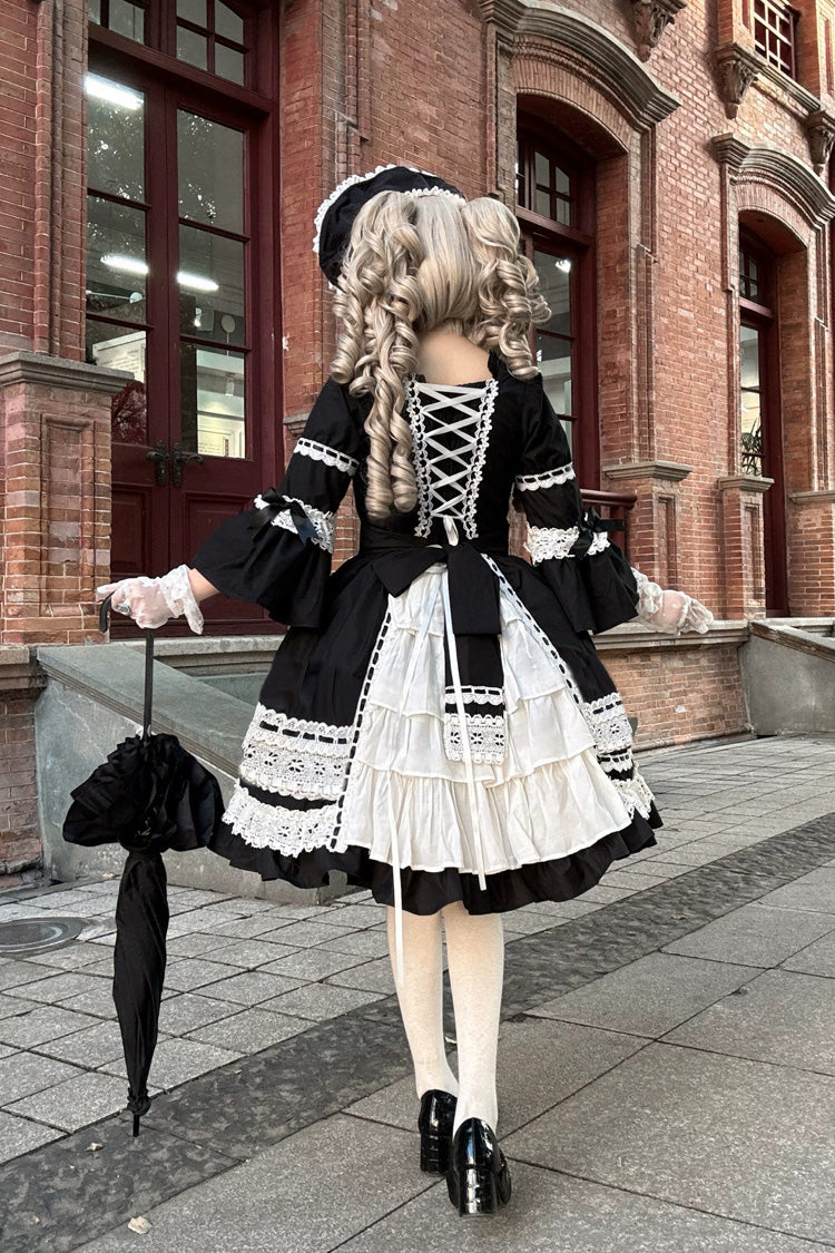 Black Square Collar Long Trumpet Sleeves Bow Lace Lace-Up Gothic Lolita Dress - Product - 4