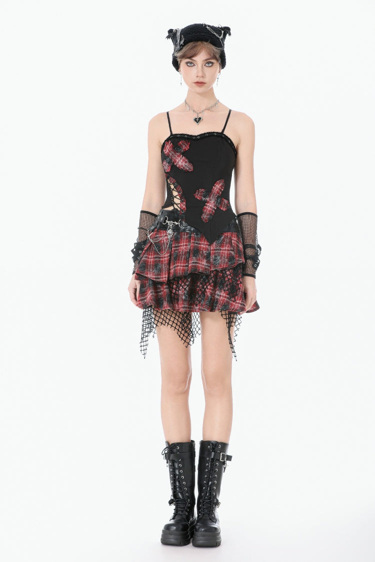Black Strap Off Shoulder Asymmetric Side Lace-Up Eyelet Women's Punk Plaid Cross Bustier - Product - 6