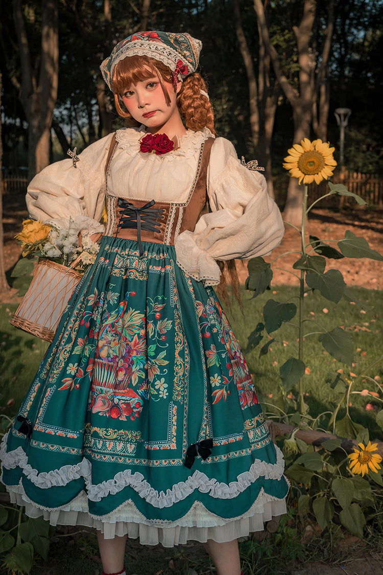 Green [Ode to Plenty] Berries and Birds Print Ruffle Bowknot Velvet Classic Lolita Breast Support Jsk Dress - Product - 15