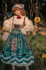 Green [Ode to Plenty] Berries and Birds Print Ruffle Bowknot Velvet Classic Lolita Breast Support Jsk Dress - Product - 15