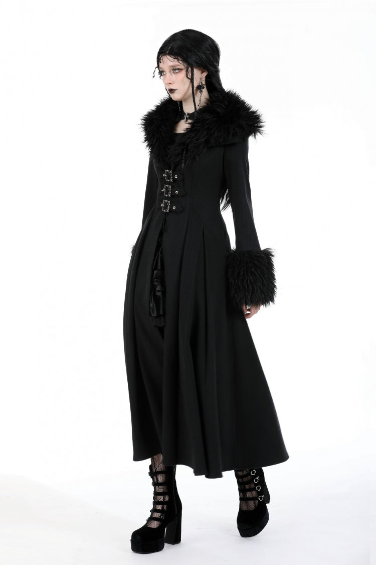 Black Long Sleeves Lace-Up Buckled Women's Gothic Draped Coat with Faux Fur Collar - Product - 2