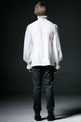 White Stand Collar Retro Button Long Lantern Sleeves Mens Gothic Blouse - Product - 4