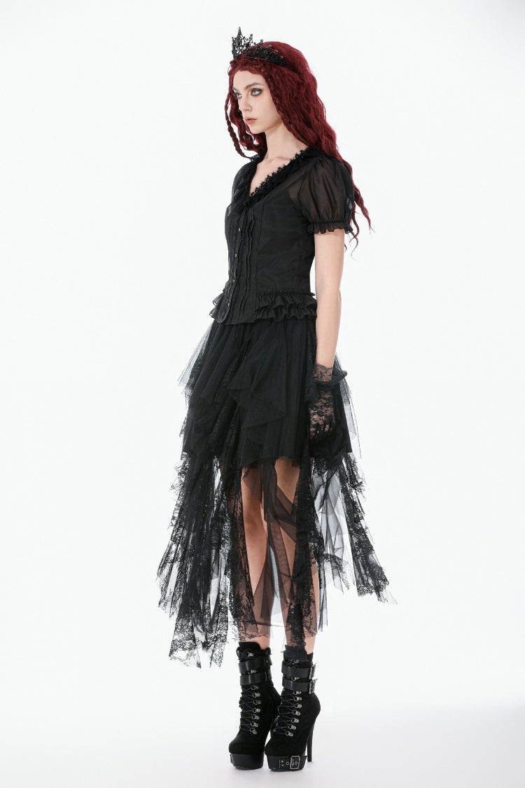 Black Deep V Collar Short Puff Sleeves Multi-Layered Ruffled Lace Sheer Women's Gothic Blouse - Product - 11