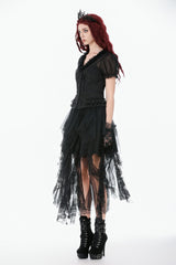 Black Deep V Collar Short Puff Sleeves Multi-Layered Ruffled Lace Sheer Women's Gothic Blouse - Product - 11