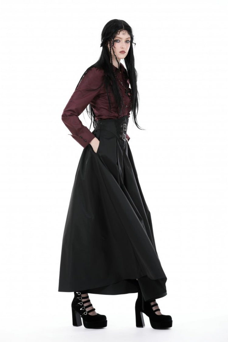 Black High Waisted Women's Gothic Pleated Long Skirt - Product - 11