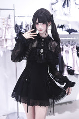 Black [Lace Doll] Round Collar Long Sleeves Ruffled Cut-Out Embroidered Bow Lace Gothic Jirai Kei Japanese Dress - Product - 6