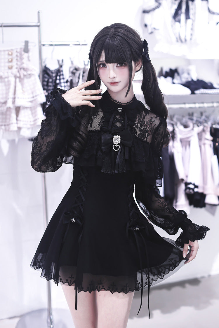 Black [Lace Doll] Round Collar Long Sleeves Ruffled Cut-Out Embroidered Bow Lace Gothic Jirai Kei Japanese Dress - Product - 6