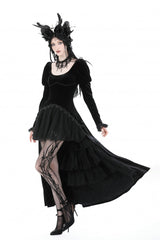 Black Round Collar Long Puff Sleeves Lace Lace-Up Hem High Low Women's Gothic Velvet Wedding Dress - Product - 8