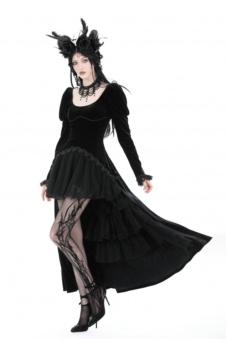 Black Round Collar Long Puff Sleeves Lace Lace-Up Hem High Low Women's Gothic Velvet Wedding Dress - Product - 8