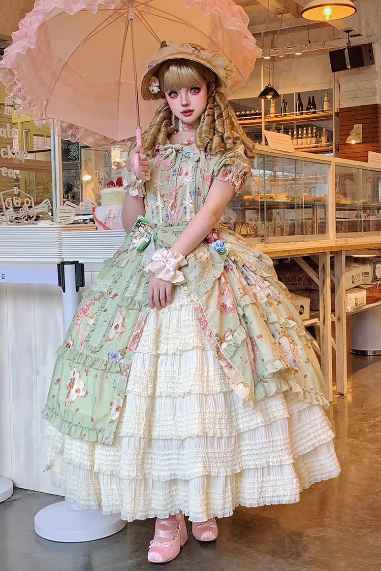 Green [Cat Rose Tea] Short Sleeves Print Ruffle Cardigan Bowknot Daily Sweet Lolita Dress - Green - 1