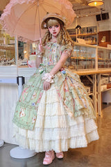 Green [Cat Rose Tea] Short Sleeves Print Ruffle Cardigan Bowknot Daily Sweet Lolita Dress - Green - 1