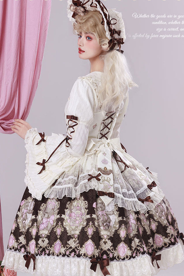 Brown [Antique Teddy Bear] Sleeveless Printed Bow Lace Sweet Elegant Lolita Jsk Dress - Product - 12