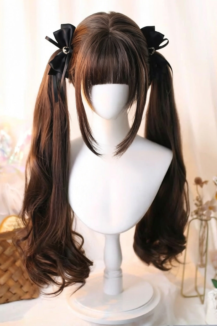 Japanese-Style Soft Air Bangs Long Curly Sweet Lolita Twin-Tail Wig 2 Colors - Cool-Brown - 1