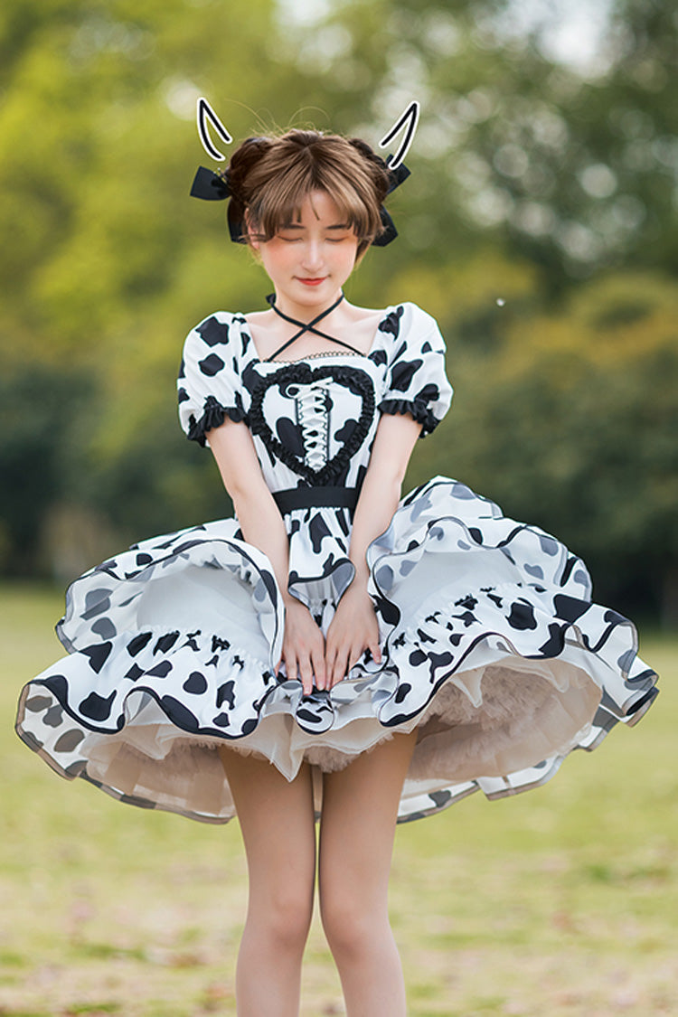 White/Black Halter Neck Puff Sleeve Ruffled Cow Print Sweet Lolita OP Dress - Product - 2