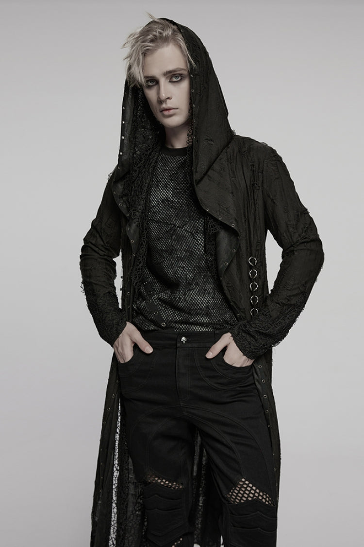 Black Long Sleeves Stitching Irregular Hooded Mesh Ripped Men's Gothic Coat - Black - 1