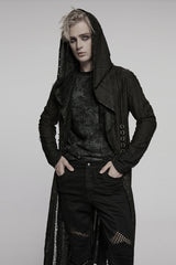 Black Long Sleeves Stitching Irregular Hooded Mesh Ripped Men's Gothic Coat - Black - 1