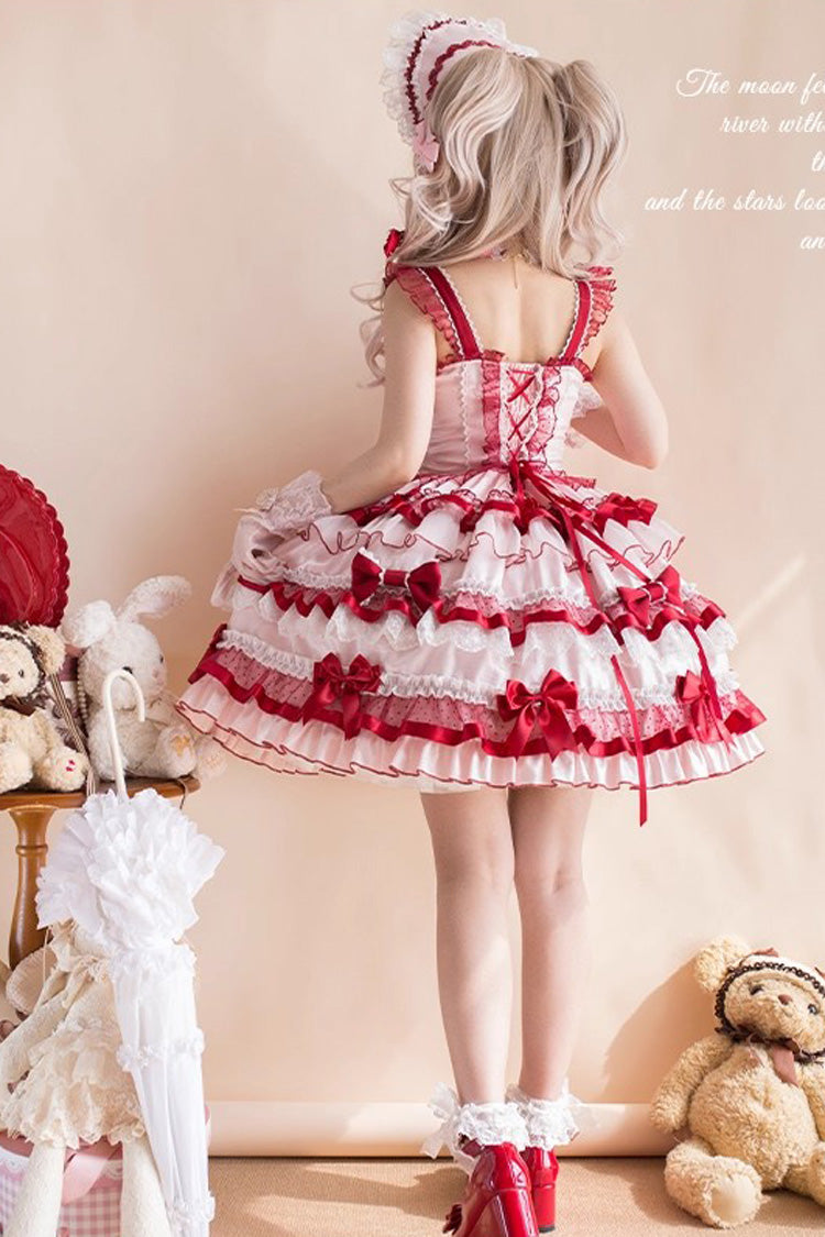Red [Ribbon Berries] Sleeveless Multi-Layered Ruffle Bowknot Lace Sweet Lolita Jsk Dress - Product - 8