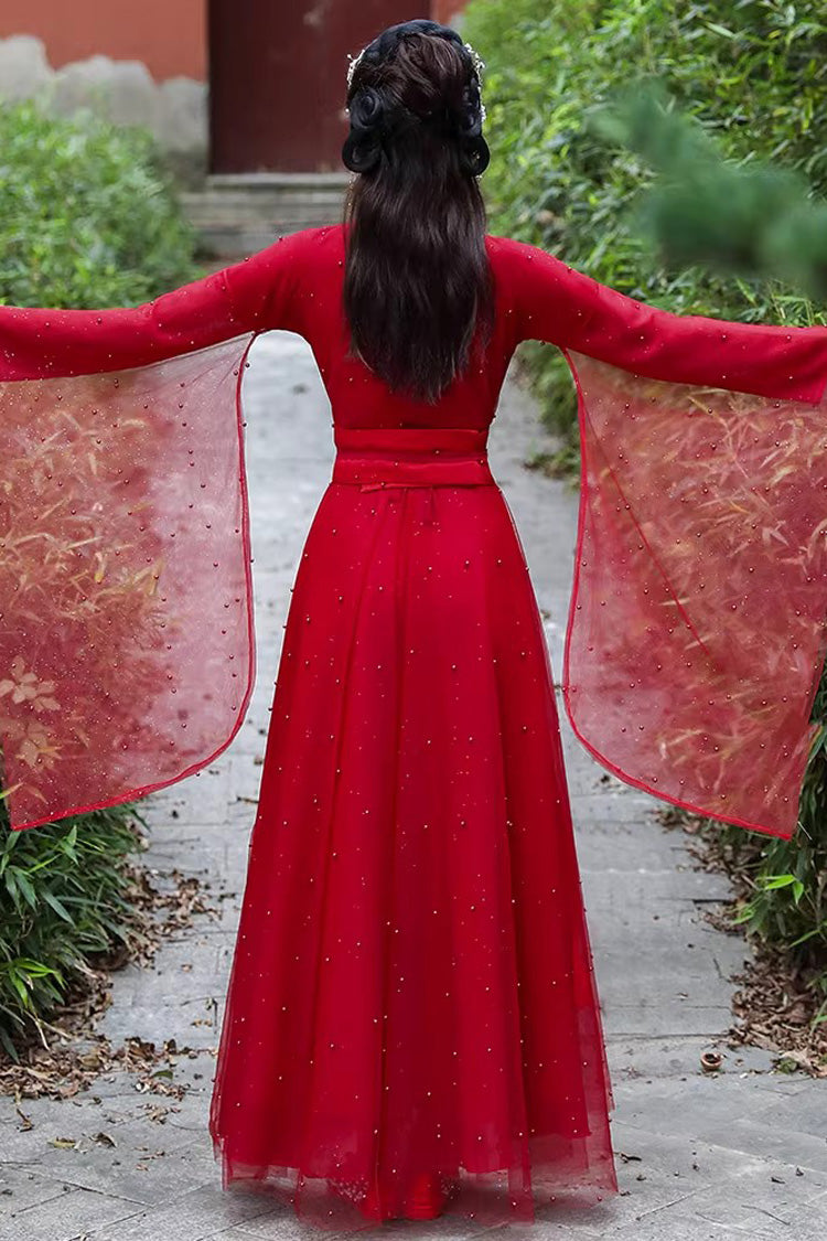 Red Long Sleeves Lace Pearl-Decorated Classic Elegant Hanfu Dress - Product - 6
