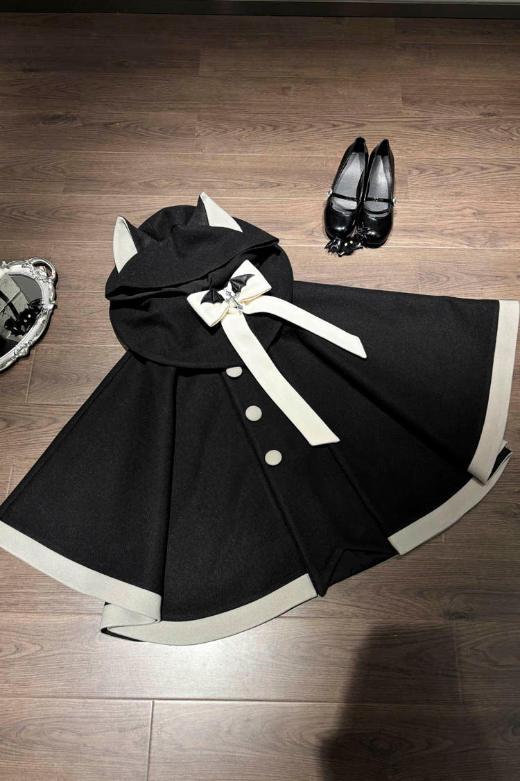 Black/Pink Bat Bowknot Cloak Wool Sweet Lolita Coat - Product - 4