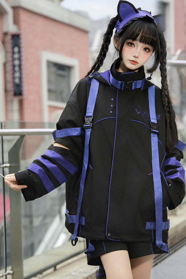 Blue/Black Long Sleeves Print Cat Ears Hooded Jirai Kei Handsome Coat - Product - 2
