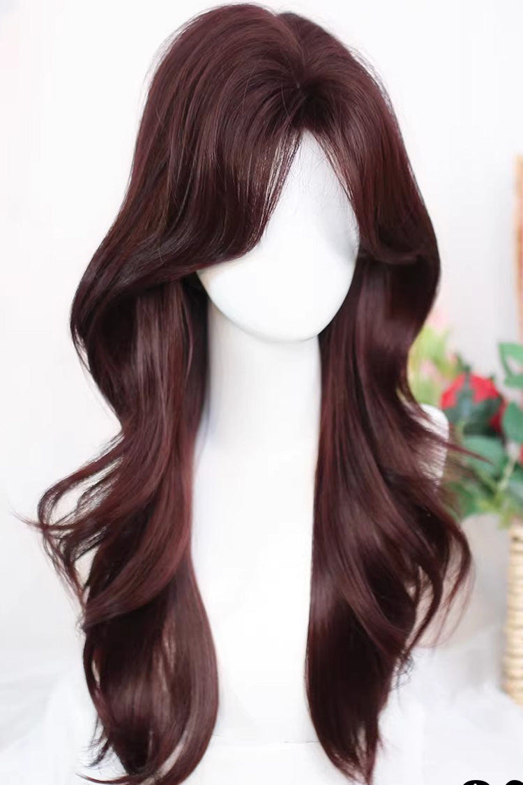 Wine Red Curtain Bangs Soft Long Curls Sweet Lolita Wig - Product - 4