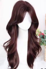 Wine Red Curtain Bangs Soft Long Curls Sweet Lolita Wig - Product - 4