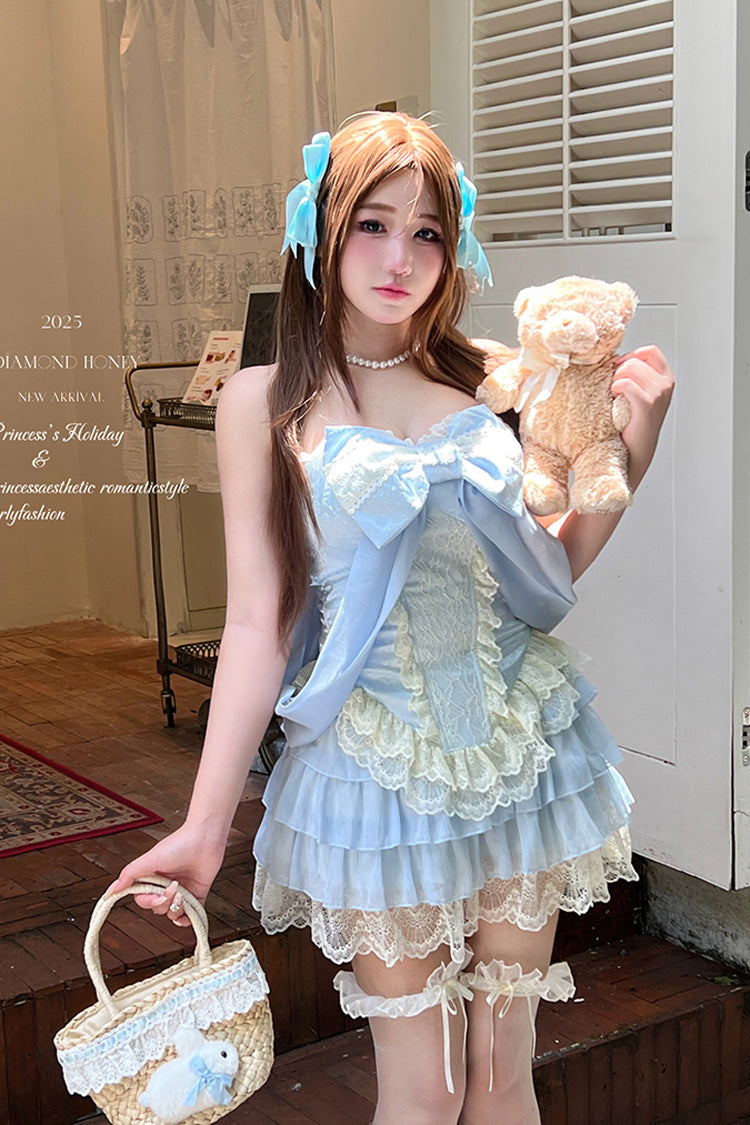 Blue [Antique Girl] Sleeveless Double-Layered Ruffle Bowknot Lace Sweet Lolita Two-piece Skirt Set - Product - 2