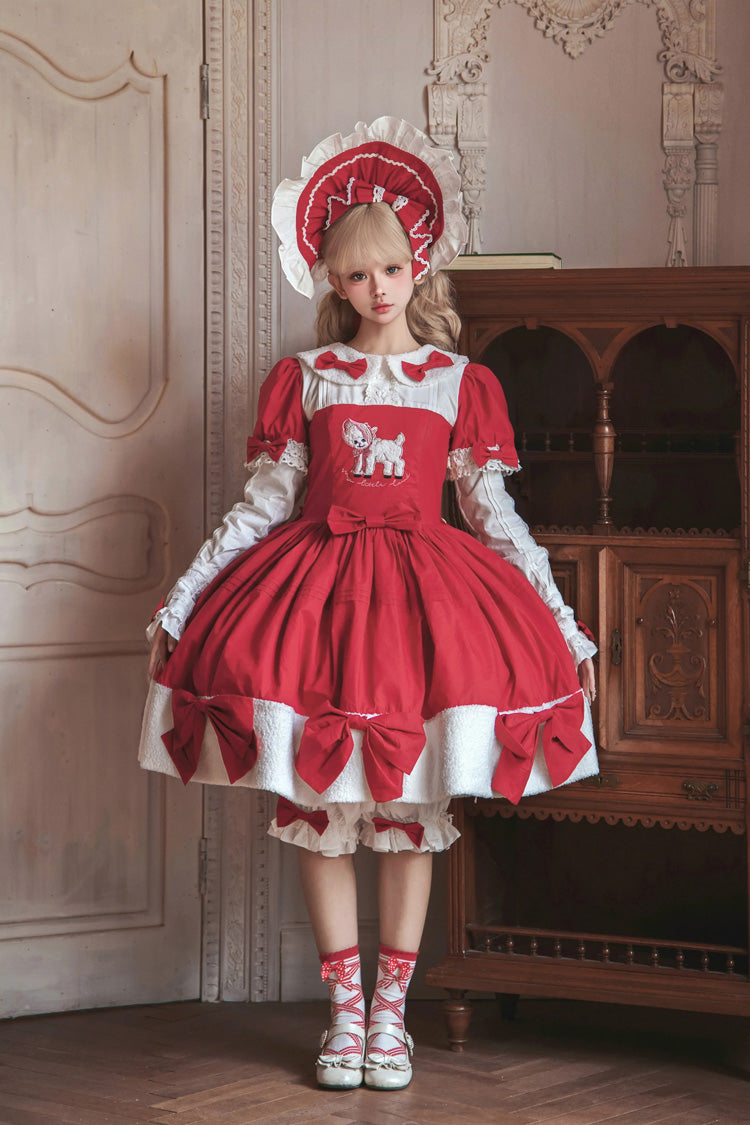 Red [Shepherd Girl’s Poem] Doll Collar Short Sleeves Ruffled Bow Sweet Lolita Dress - Product - 5