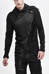 Black Ragged Turn-Down Collar Woolen Long Sleeve Irregular Hem Men's Punk T-Shirt - Black - 1