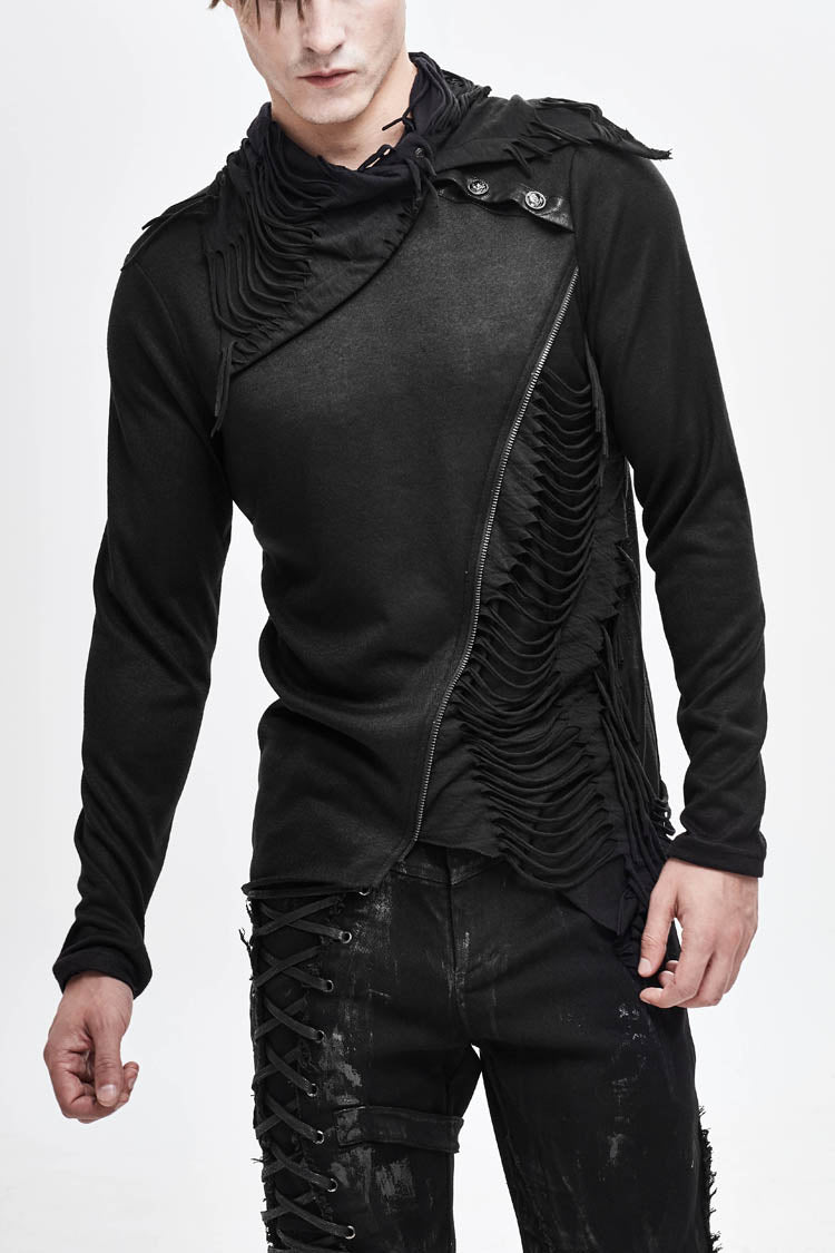 Black Ragged Turn-Down Collar Woolen Long Sleeve Irregular Hem Men's Punk T-Shirt - Black - 1