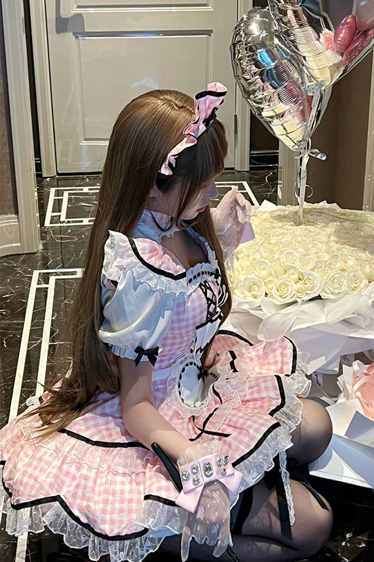 Pink [Girlish Plaid] Square Collar Short Sleeves Double-Layered Printed Ruffled Bow Lace Maid Sweet Lolita Dress - Product - 7