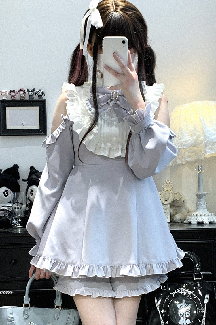 Light Blue [Rose Princess] Off Shoulder Long Sleeves Ruffle Bowknot Gothic Jirai Kei Dress - Light-Blue - 1