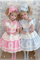 [A Day as a Candy Shop Owner] Peter Pan Collar Short Sleeves Printed Bow Sweet Lolita Dress 3 Colors (Red, Blue, Pink) - Product - 2