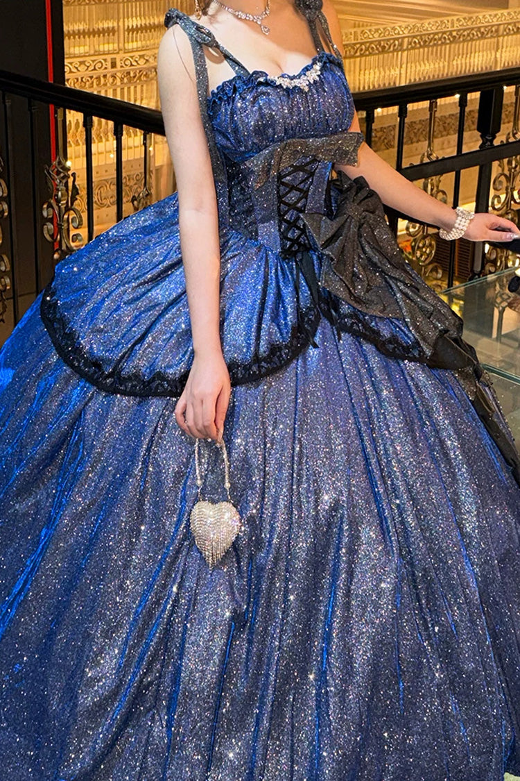 Blue [Galaxy of Fallen Tears] Sleeveless Glitter Series Ruffled Bow Asymmetric Sweet Lolita Jsk Dress - Product - 8