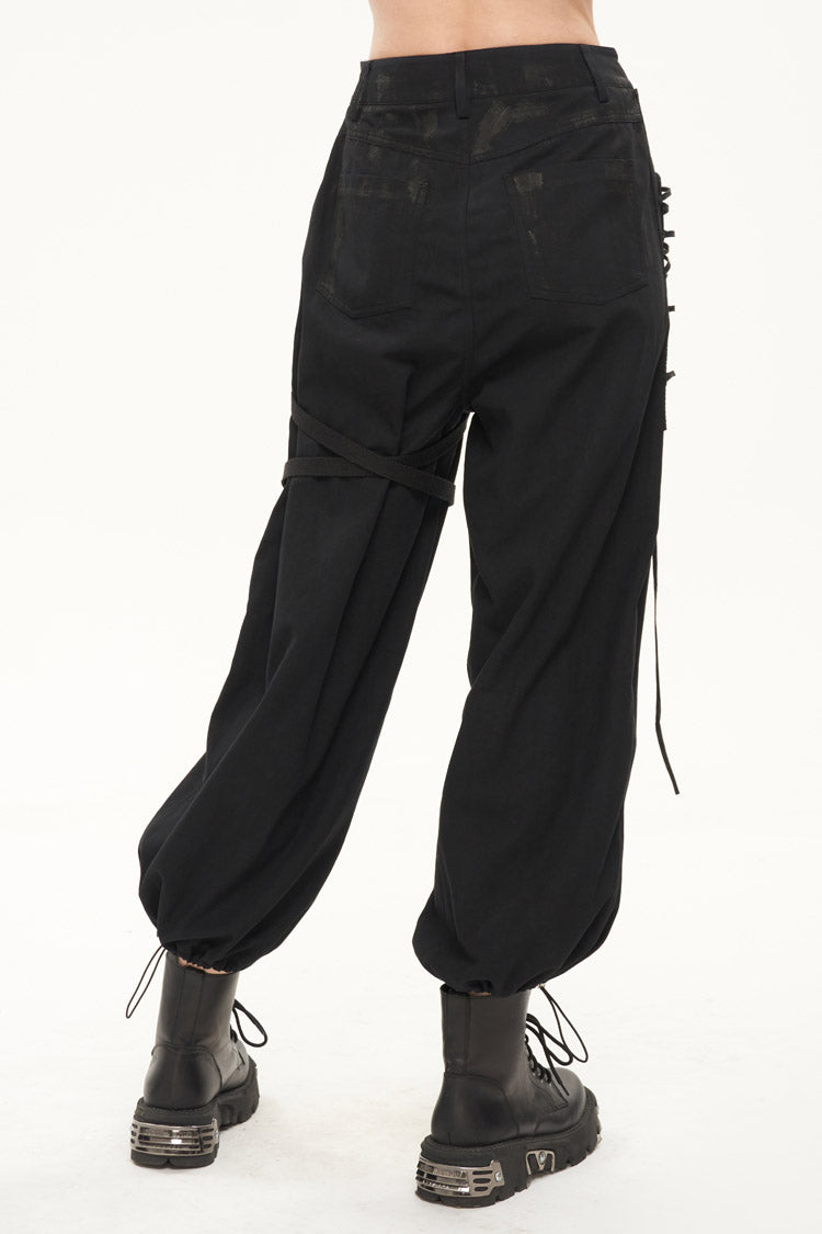 Black Irregular Print Single Side Frenulum Ring Legs Drawstring Closing Women's Punk Pants - Product - 4