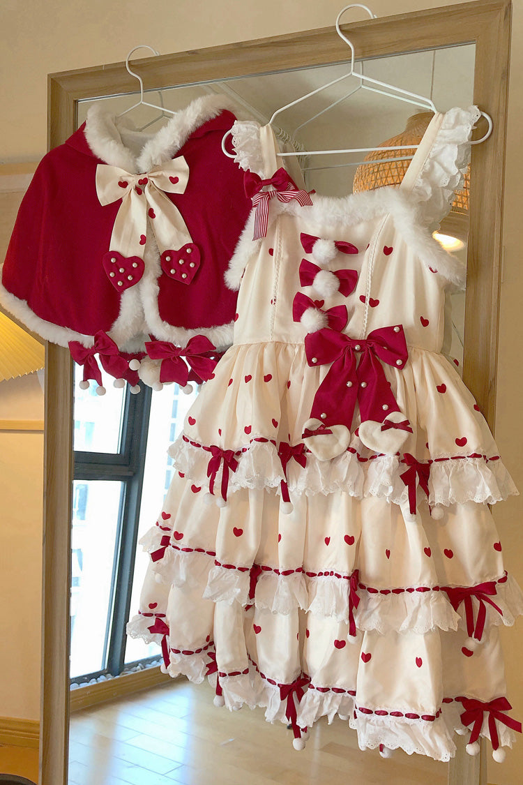 Red/Apricot Triple-Layered Print Ruffle Bowknot Lace Sweet Princess Lolita Dress Cloak Set - Product - 12
