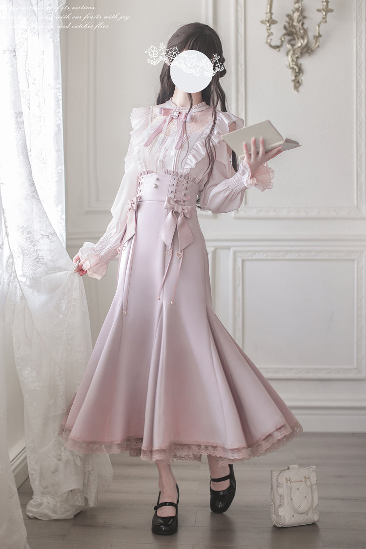 Pink Ruffle Bowknot Slim Sweet Elegant Lolita Fishtail Skirt Dress - Product - 10