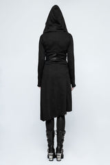 Black Long Sleeves Hooded Asymmetric Women's Gothic Military Coat With Belt - Product - 6