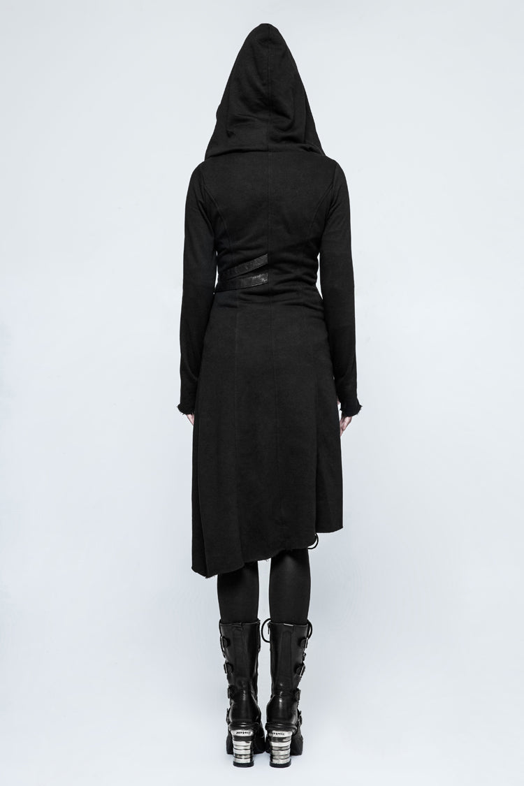 Black Long Sleeves Hooded Asymmetric Women's Gothic Military Coat With Belt - Product - 6