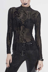 Black Long Sleeve The Printed Flocking Mesh Rough Selvedge Women's Punk Shirt - Black - 1