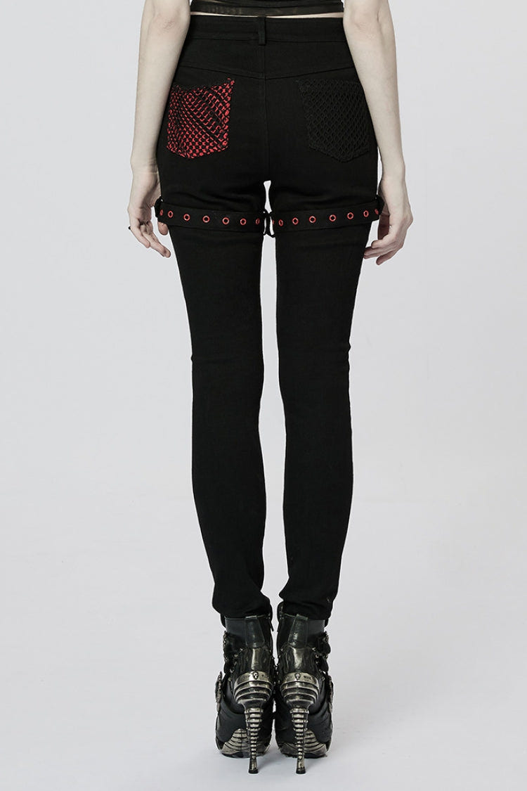 Stitching Slim Mesh Buckles Eyelets Women's Steampunk Leggings 2 Colors - Product - 11