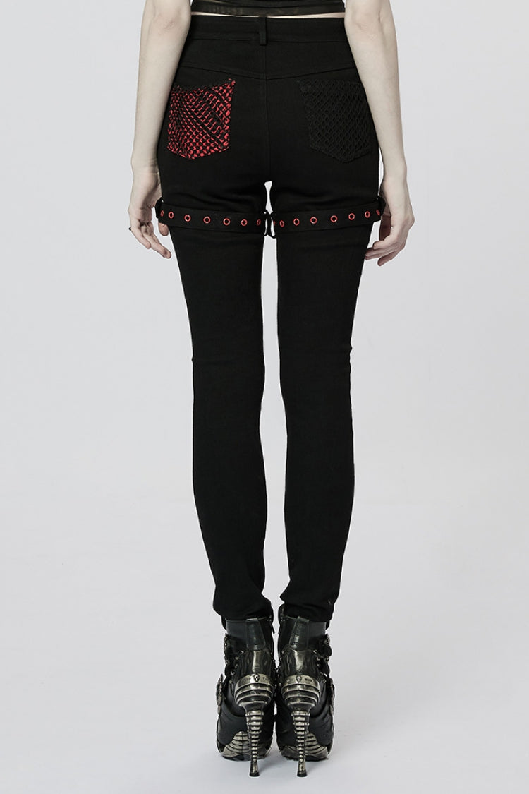 Stitching Slim Mesh Buckles Eyelets Women's Steampunk Leggings 2 Colors - Product - 11