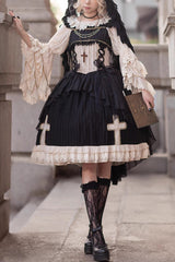 Black Eternal Life Song Print Cross Embroidery Sleeveless Ruffle Gothic Lolita Dress - Black - 1